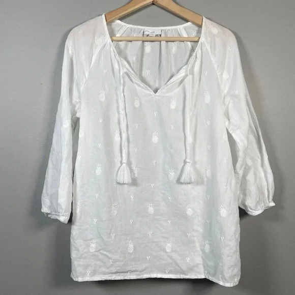 J. Jill White Embroidered Blouse Size XS Boho Peasant Tropical Pineapple Top - Picture 1 of 9
